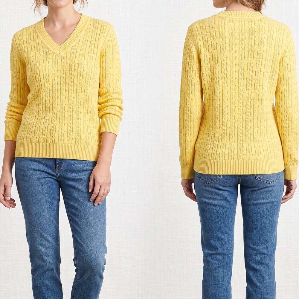 Studio Works Womens Small V Neck Yellow Cable Knit Sweater Cotton